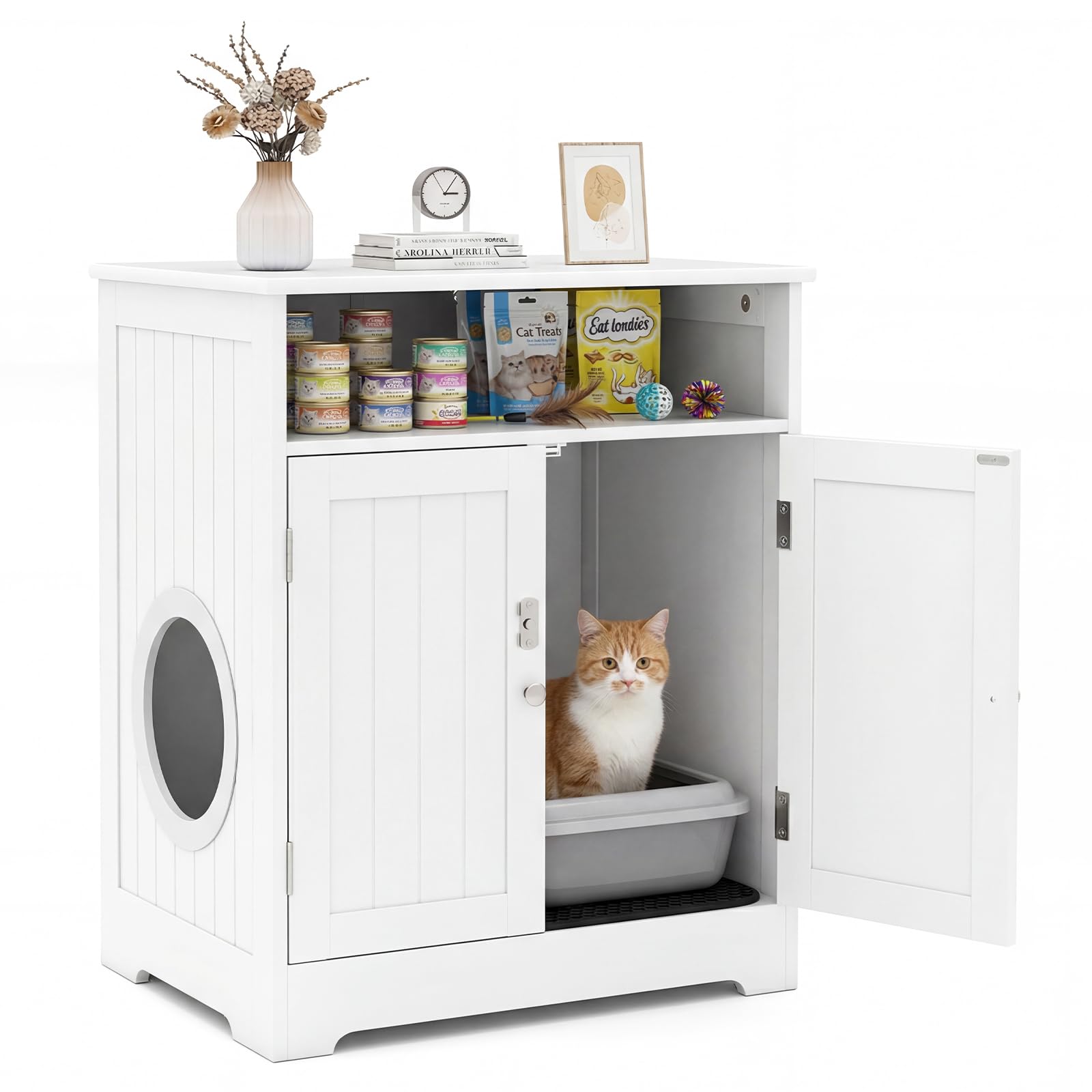 Tangkula Litter Box Enclosure Wooden Enclosed Cat Box Cabinet(23.5 Inch)