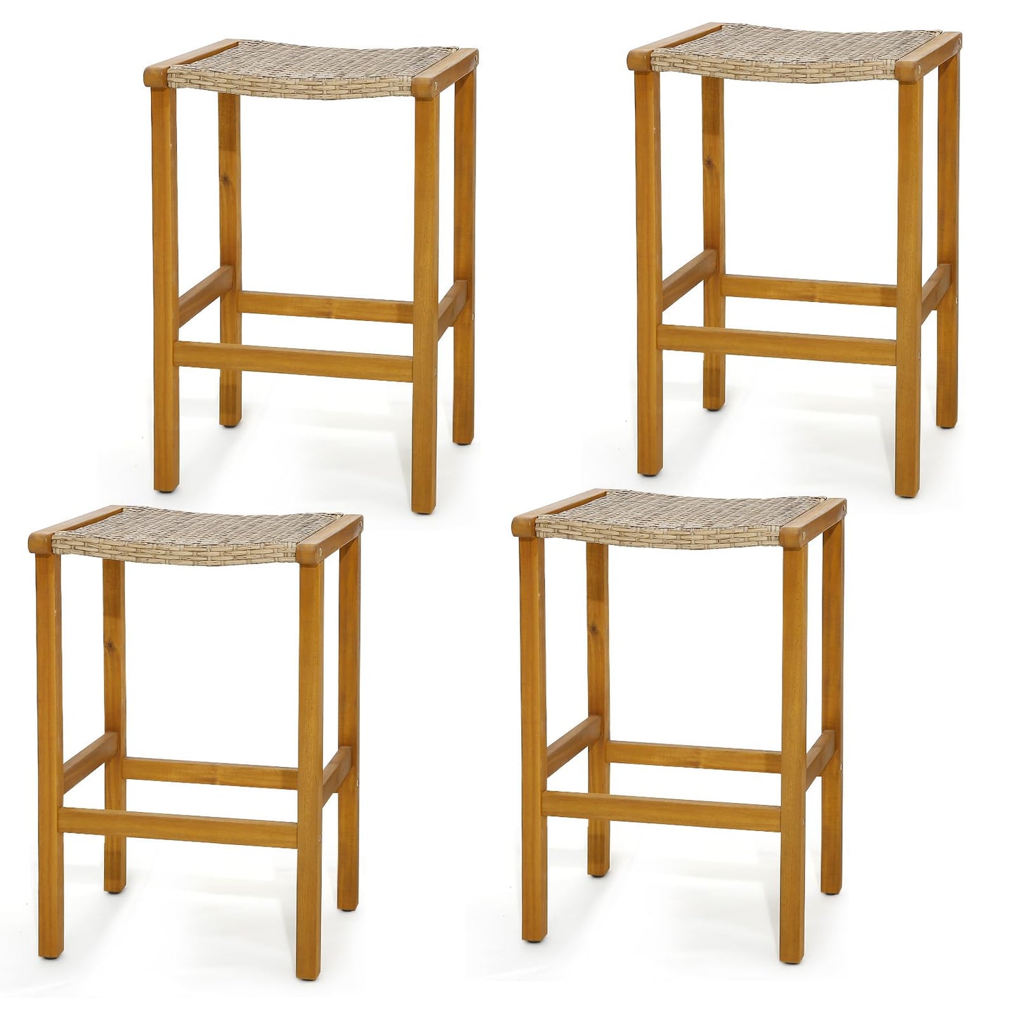 Tangkula 30 Inches high Acacia Wood Heavy Duty Bar Height Stools with PE Rattan Saddle Seat