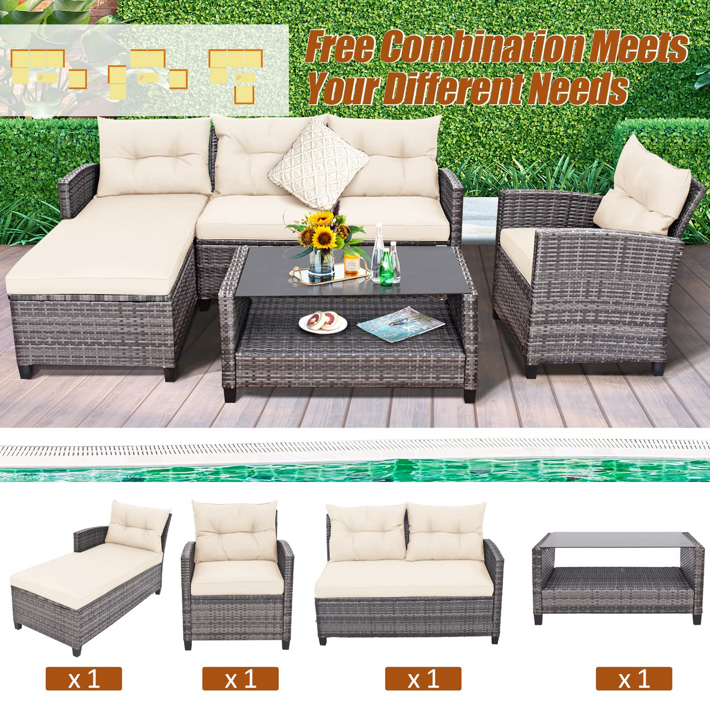 Tangkula 4 Pieces Rattan Conversation Set, Patiojoy Outdoor Furniture Set with Cushions, Lounge Sofa Set with Coffee Table