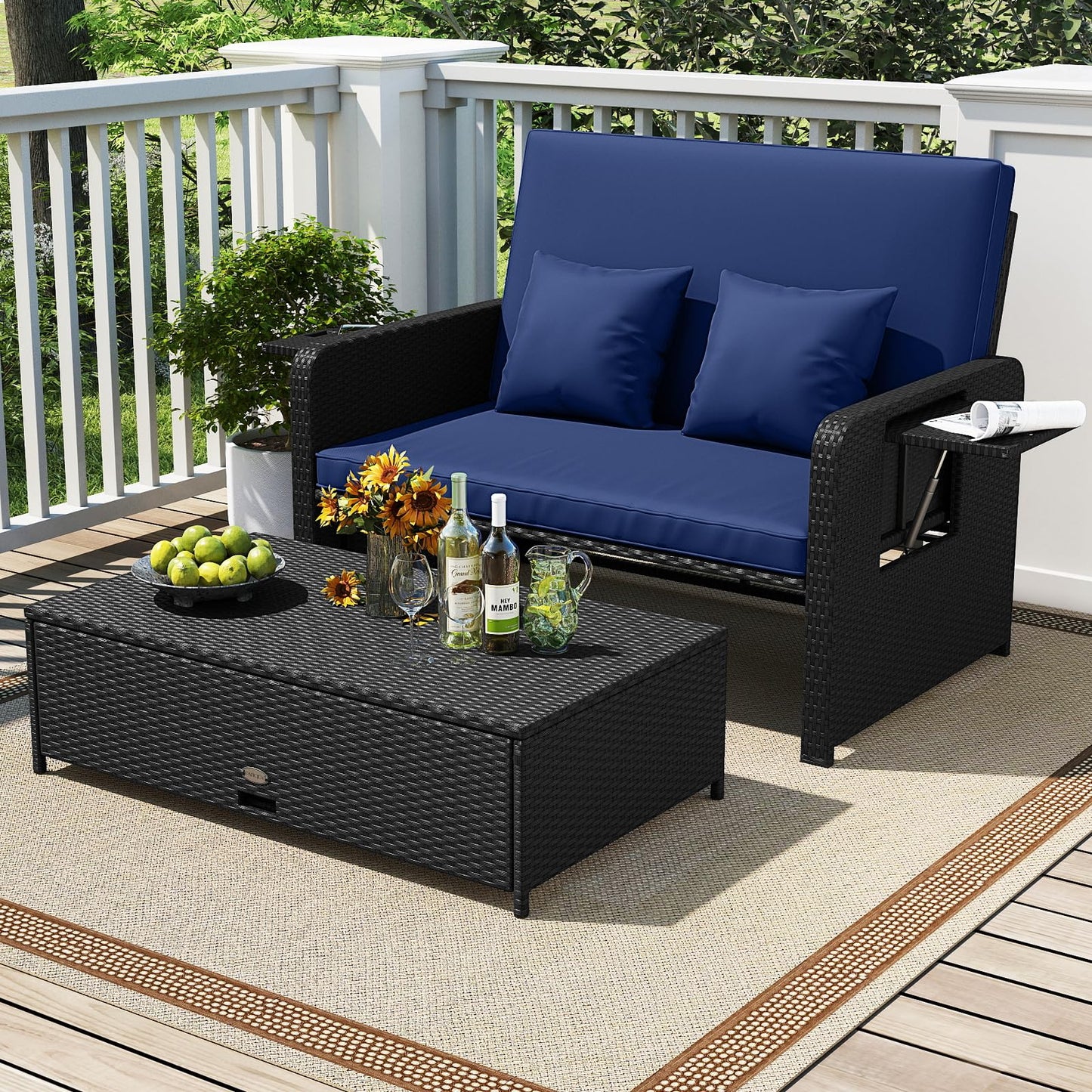 Tangkula Patio Rattan Daybed with 4-Level Adjustable Backrest Storage Ottoman & Folding Side Tray
