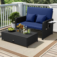 Tangkula Patio Rattan Daybed with 4-Level Adjustable Backrest Storage Ottoman & Folding Side Tray