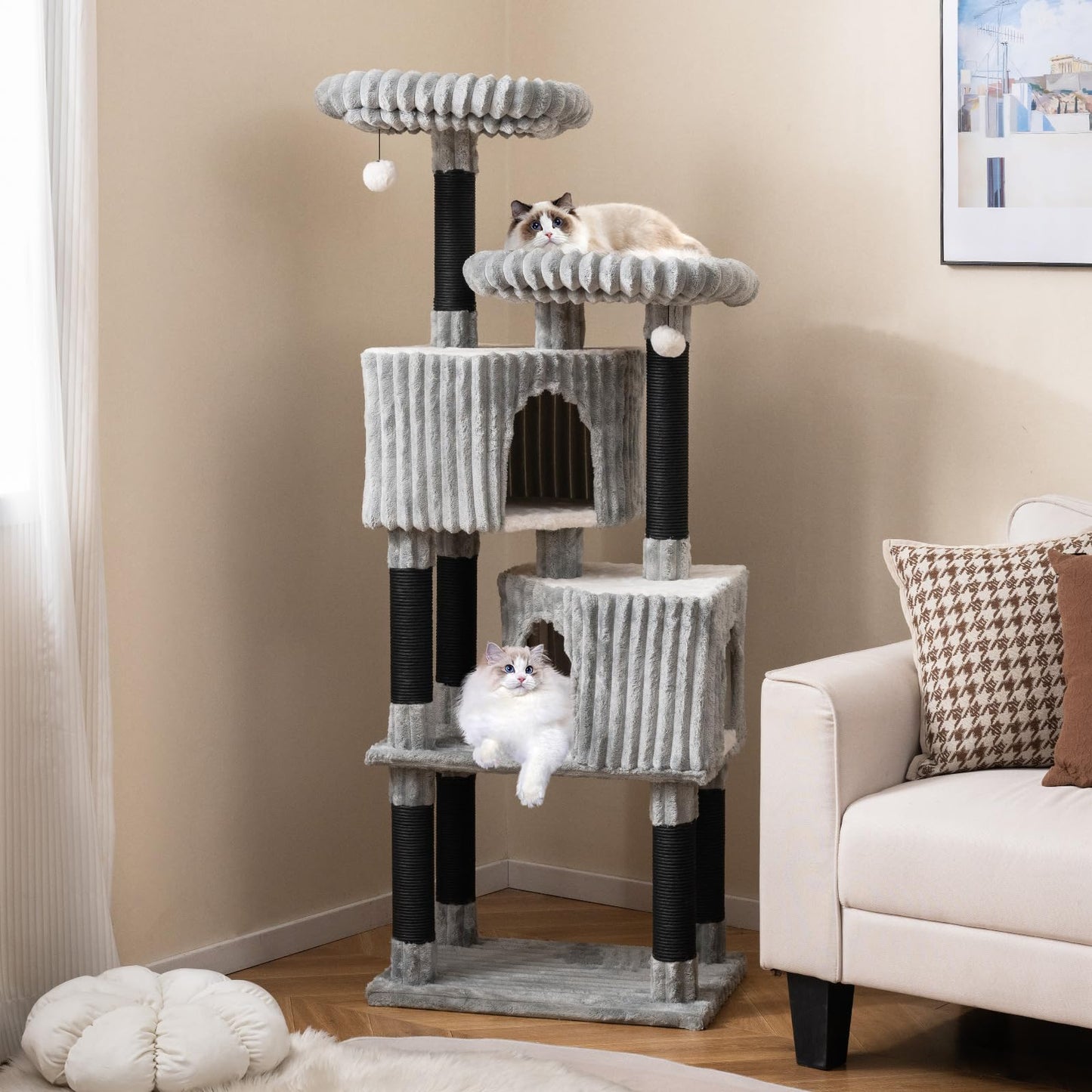 Tangkula 62 Inch Tall Carpet Cat Tree with Scratching Posts 2 Condos 2 Perch Beds