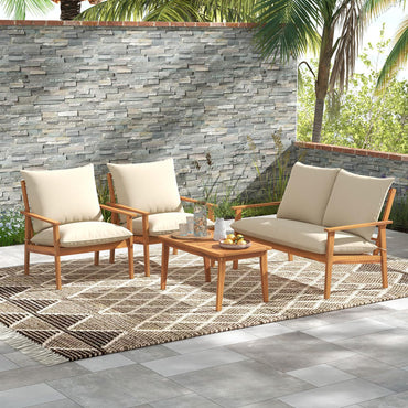 Tangkula 4 Pieces Patio Furniture Set Outdoor Acacia Wood Conversation Set