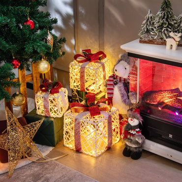 Tangkula Set of 3 Lighted Box Pre-lit Present Boxes with 100 Warm White Lights