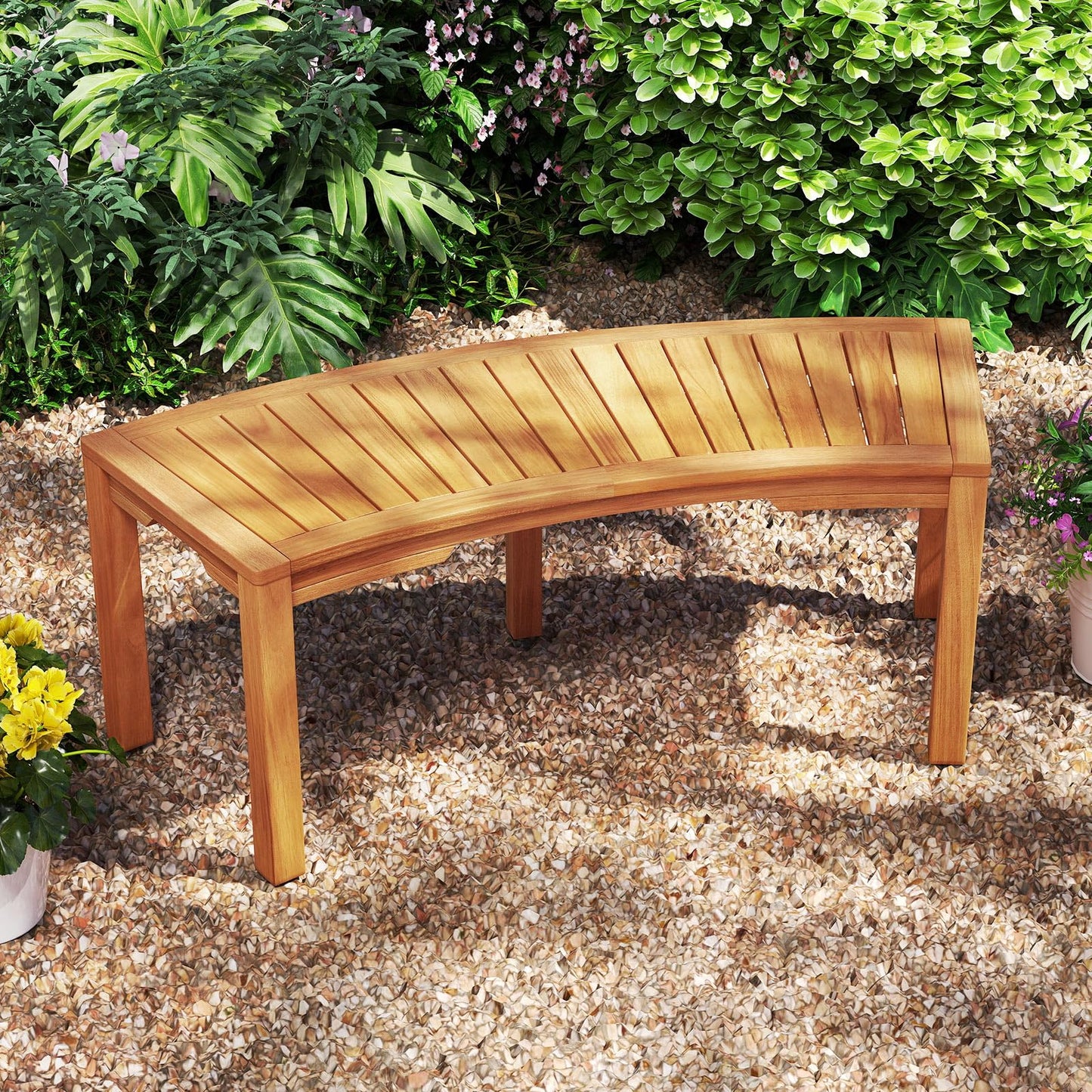 Tangkula Outdoor Acacia Wood Curved Garden Bench（1/2/4/7）