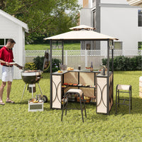 Ensemble de bar de terrasse 3 pièces Tangkula, tonnelle de barbecue et 2 tabourets de bar avec table de bar en verre trempé, étagères de rangement en métal