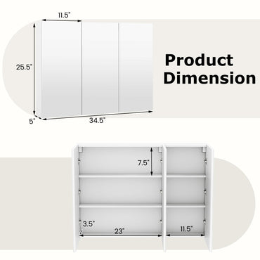 Tangkula 36" Wide Wall Mount Mirrored Bathroom Medicine Cabinet Storage 3 Mirror Door
