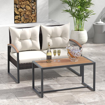 Tangkula 2 Pieces Patio Wicker Furniture Set, Heavy Duty Outdoor Cushioned Loveseat with Acacia Wood Coffee Table