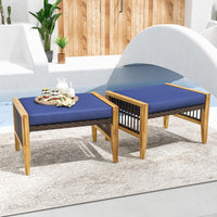 Tangkula Set of 2 Outdoor Ottomans, Patio Acacia Wood Ottomans with Cushions (Navy)