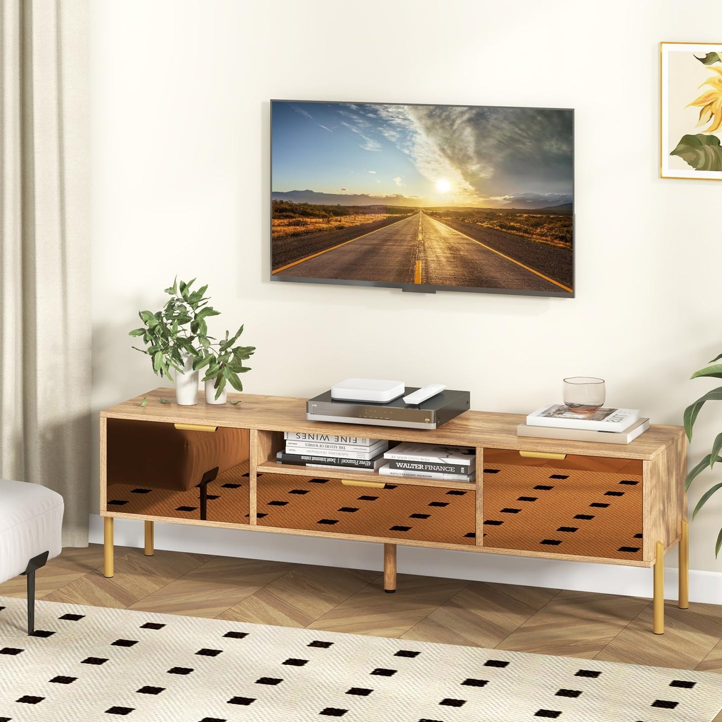 Tangkula Mirrored TV Stand for TV up to 65”, Modern TV Console Table w/Spacious Tabletop