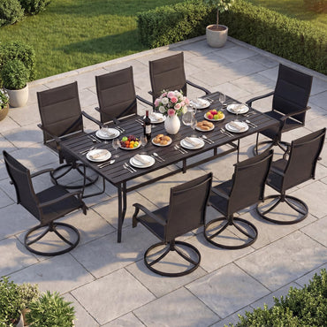 Tangkula 76” Rectangular Patio Table with Umbrella Hole and 8 Swivel Chairs with Heavy-Duty Metal Frame