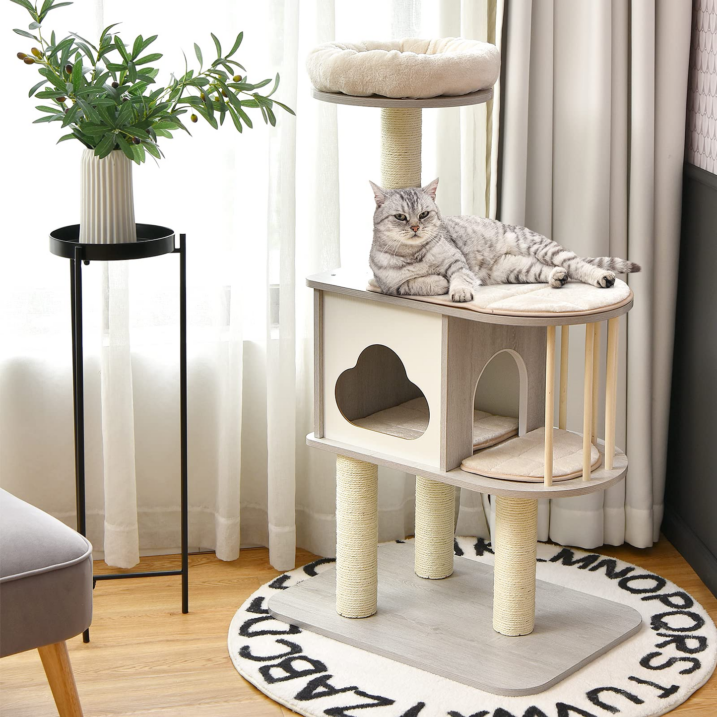 Modern Wood Cat Tree, 46 Inches Cat Tower with Platform - Tangkula