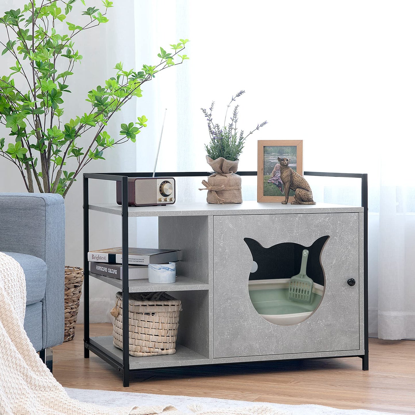Tangkula Cat Litter Box Enclosure 2 in 1 Hidden Washroom & Nightstand With 2 Tier Storage Shelf