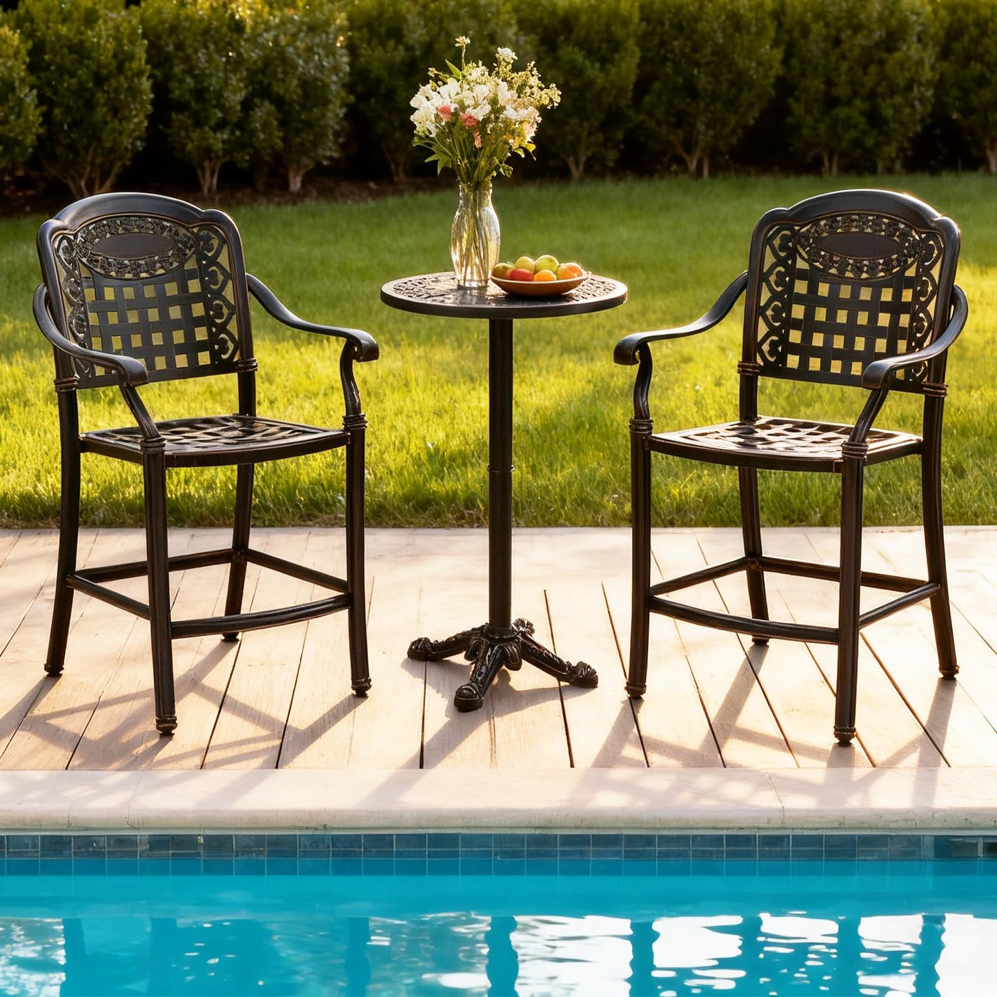 Tangkula 3 Piece Patio Bar Set, Outdoor Cast Aluminum Round High Top Table & 2 Counter Height Bar Stools