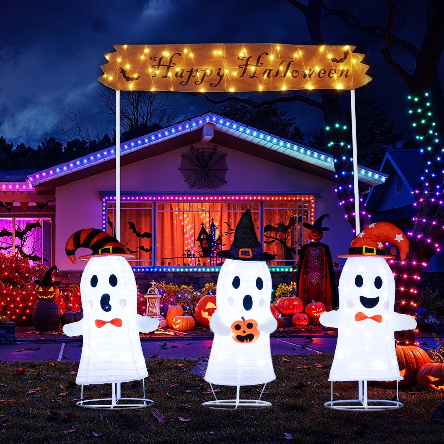 Tangkula Halloween Lighted 3 Pop up Ghosts with Gate