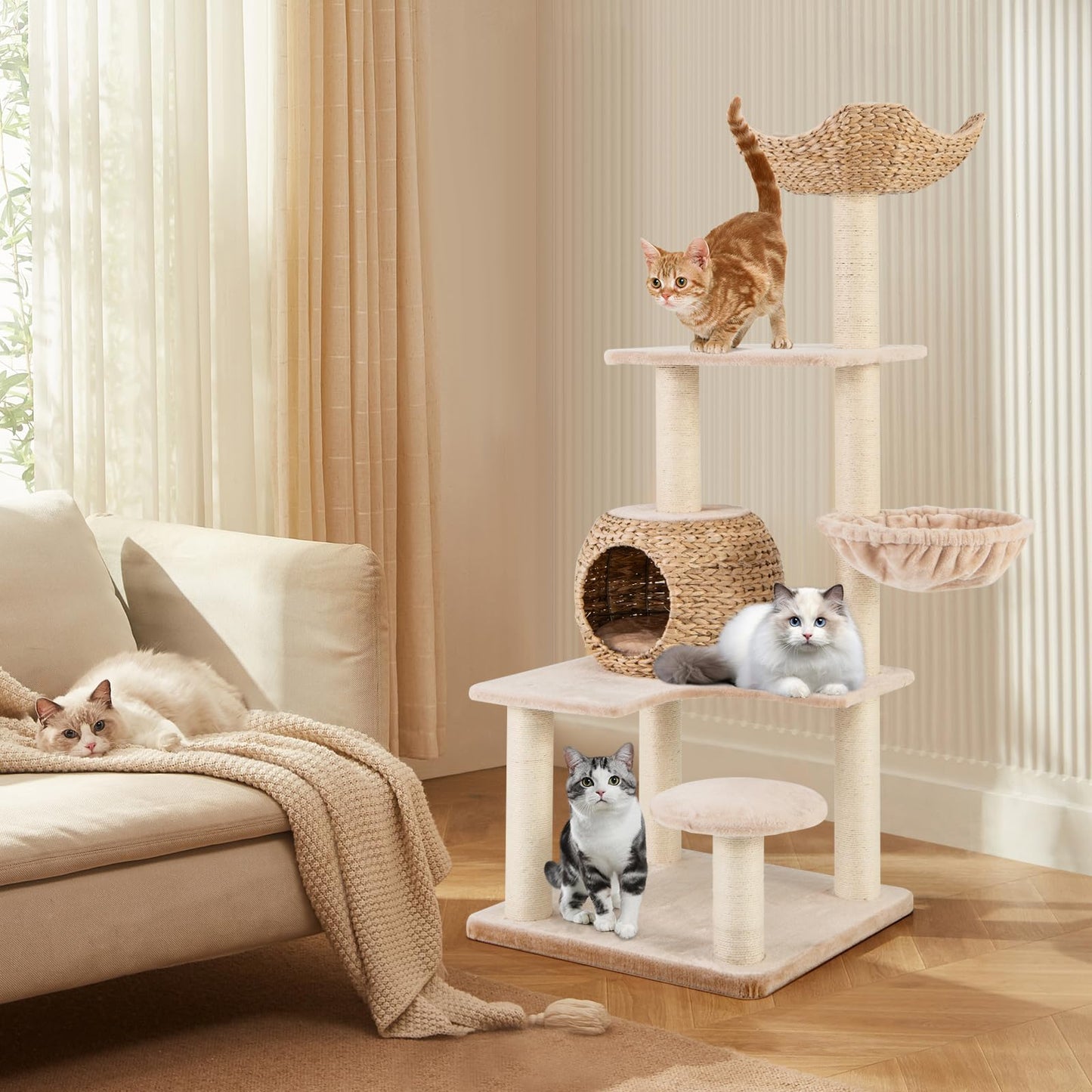 Arbre à chat Tangkula 59 pouces, tour à chat multi-niveaux avec poteaux à gratter en sisal