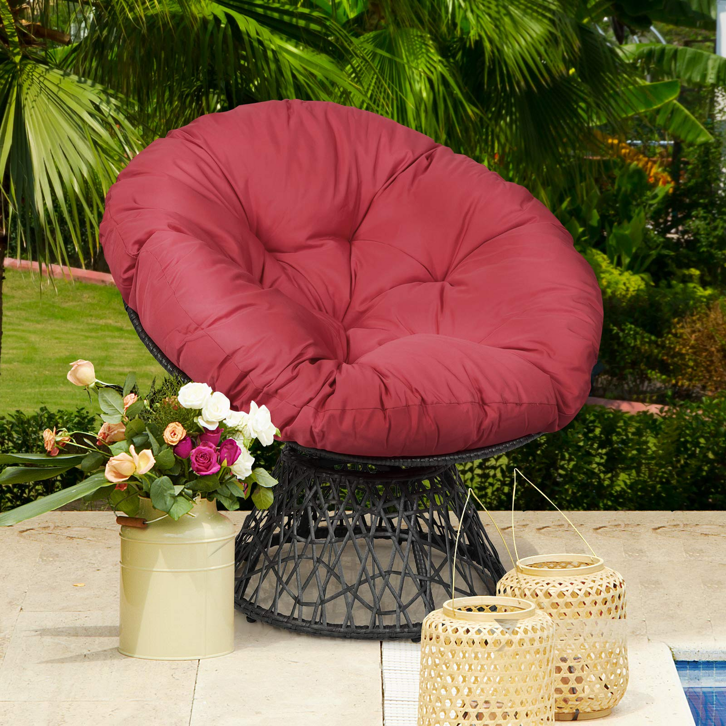 Tangkula Papasan Chair Rattan Ergonomic Chair w/ 360-degree Swivel and Soft Cushion, Solid Structure & Stable Base