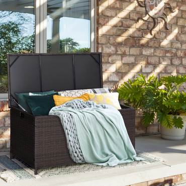 Tangkula 50 Gallon Wicker Deck Storage Box, Patio Rattan Storage Container with 2 Universal Wheels