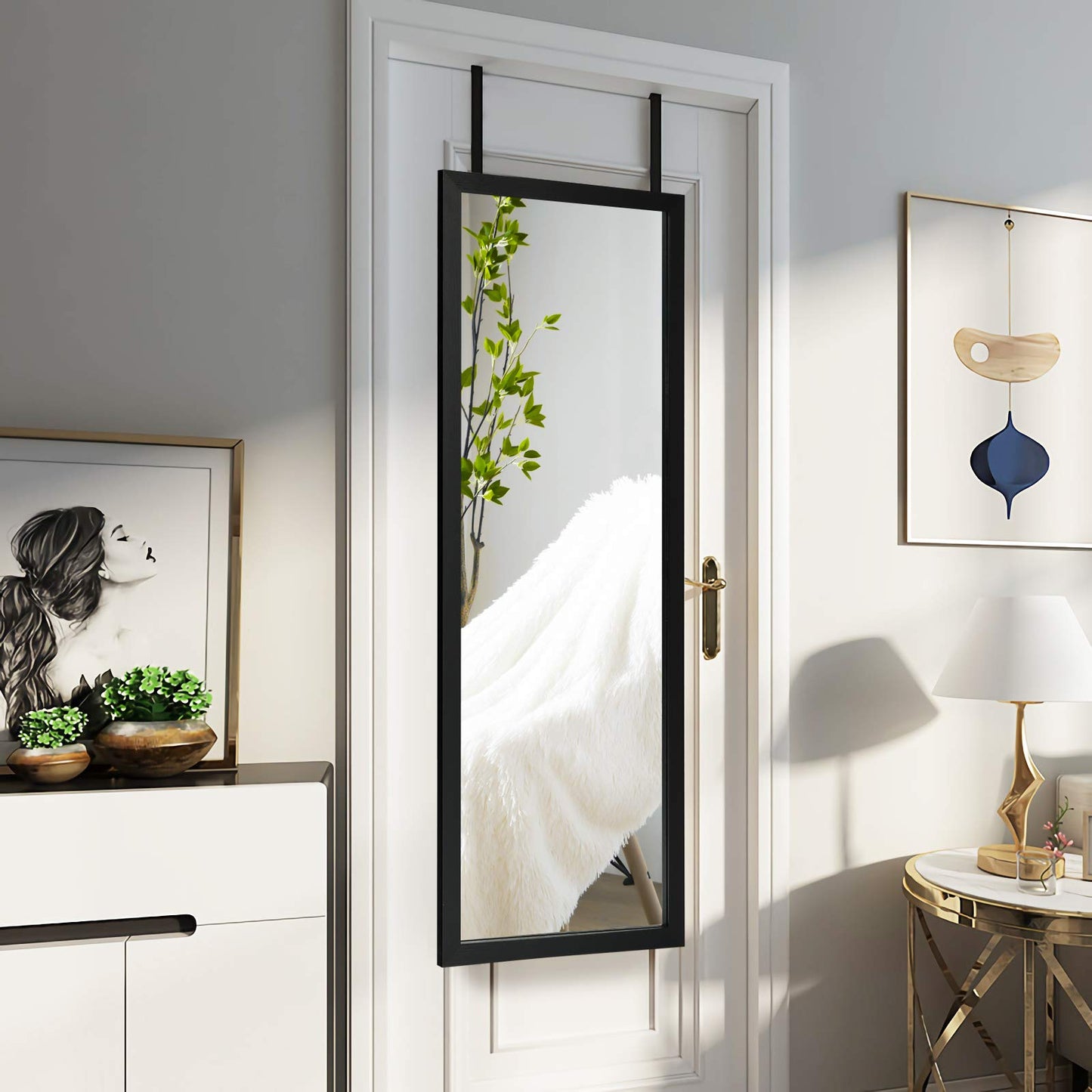 Tangkula Miroir de porte pleine longueur, miroir mural, 47,5 x 14,5 pouces, miroir à suspendre (noir et blanc)