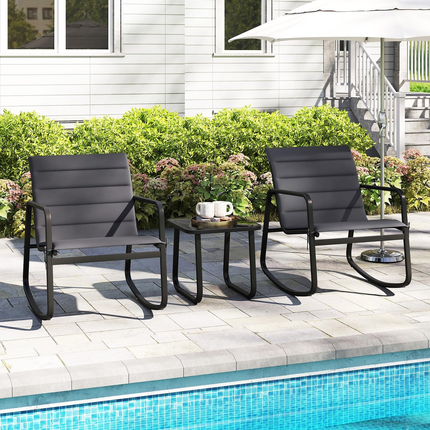 Tangkula 3 Piece Outdoor Rocking Bistro Set | Porch Rocker Chairs with Tempered Glass Table