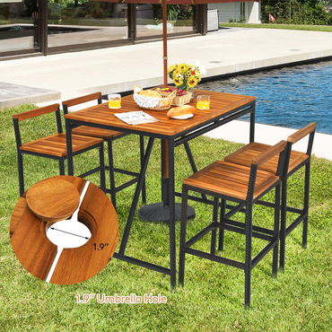 5-Piece Outdoor Acacia Wood Bar Table Set, Bar Height Outdoor and Rattan Dining Set