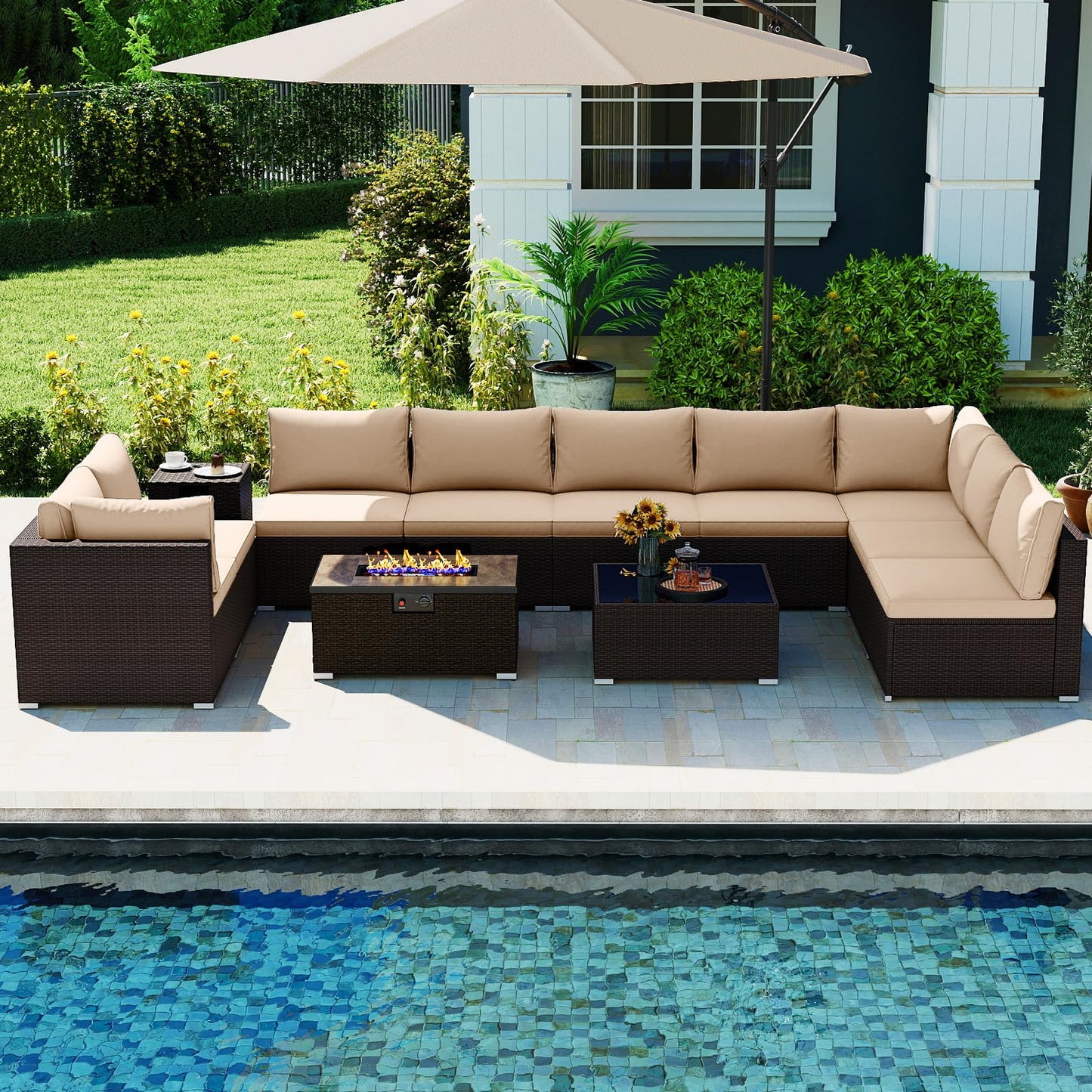 Tangkula 12 Pieces Patio Wicker Sectional Sofa Set with 40,000 BTU Propane Fire Pit Table