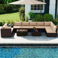 Tangkula 12 Pieces Patio Wicker Sectional Sofa Set with 40,000 BTU Propane Fire Pit Table