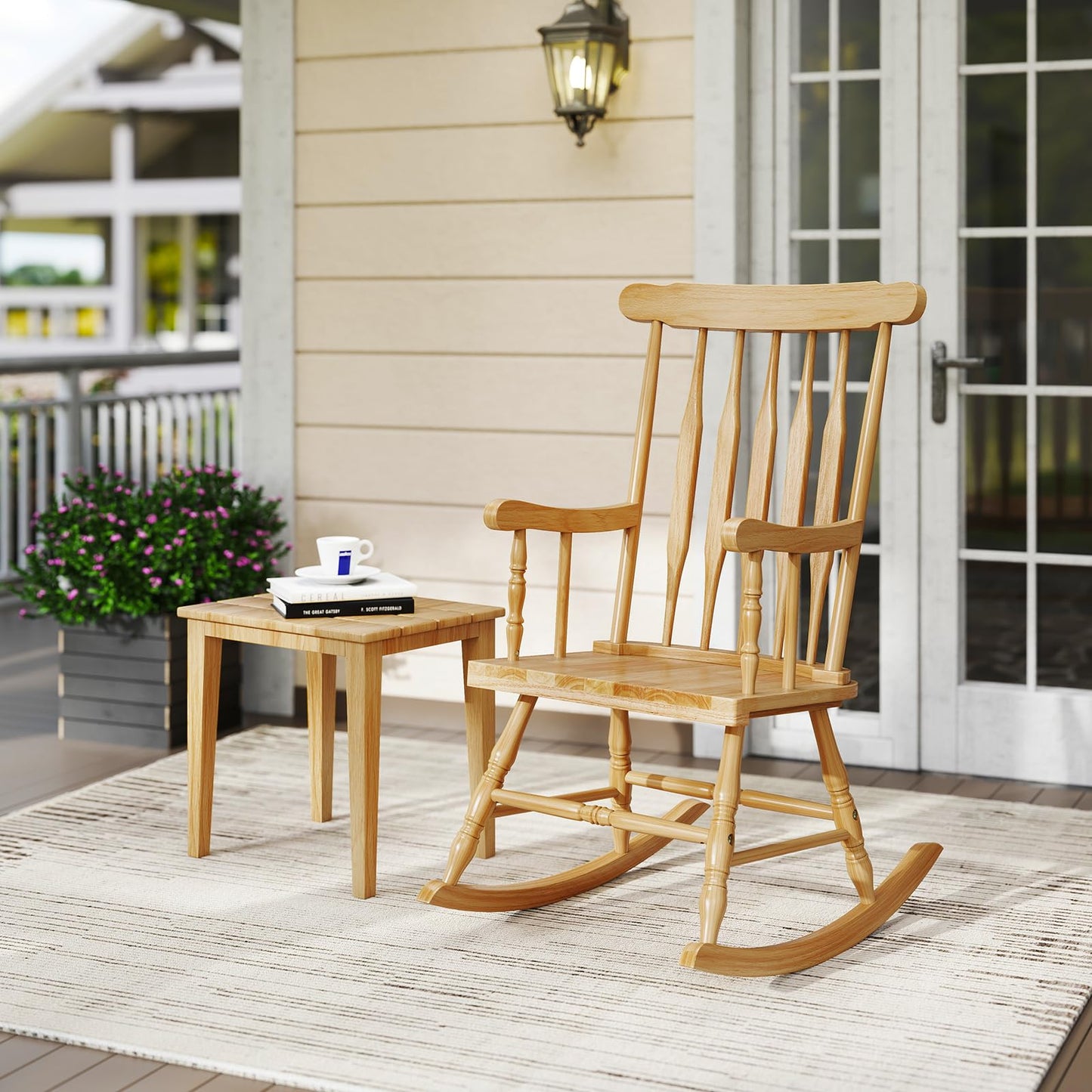 Tangkula Patio Rocking Chair Solid Wood with Rubber Wood Frame