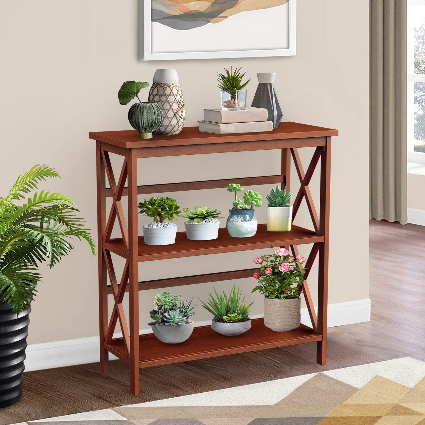 Tangkula 3-Tier Bookcase and Bookshelf, Wooden Open Shelf Bookcase, X-Design Etagere Bookshelf for Home Living Room Office