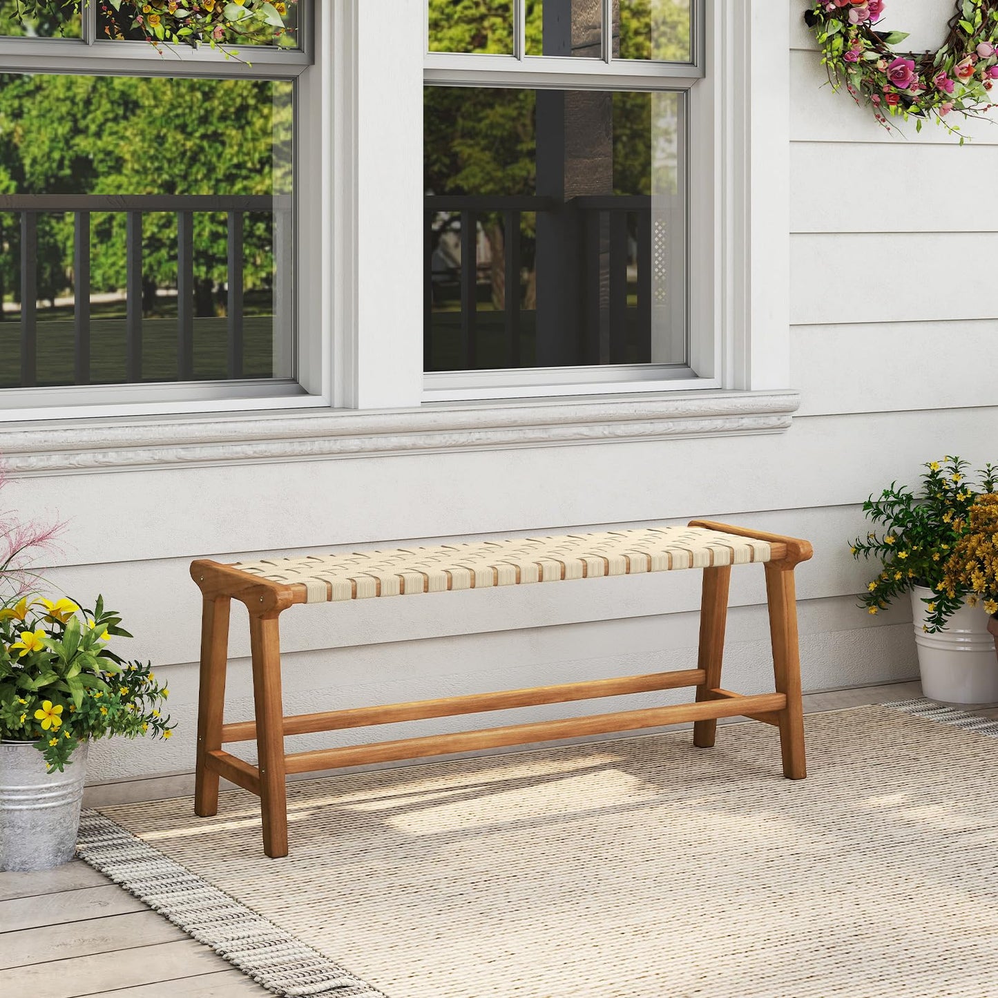 Tangkula Teak Wood Outdoor Bench Patio Backless Wooden Dining Bench