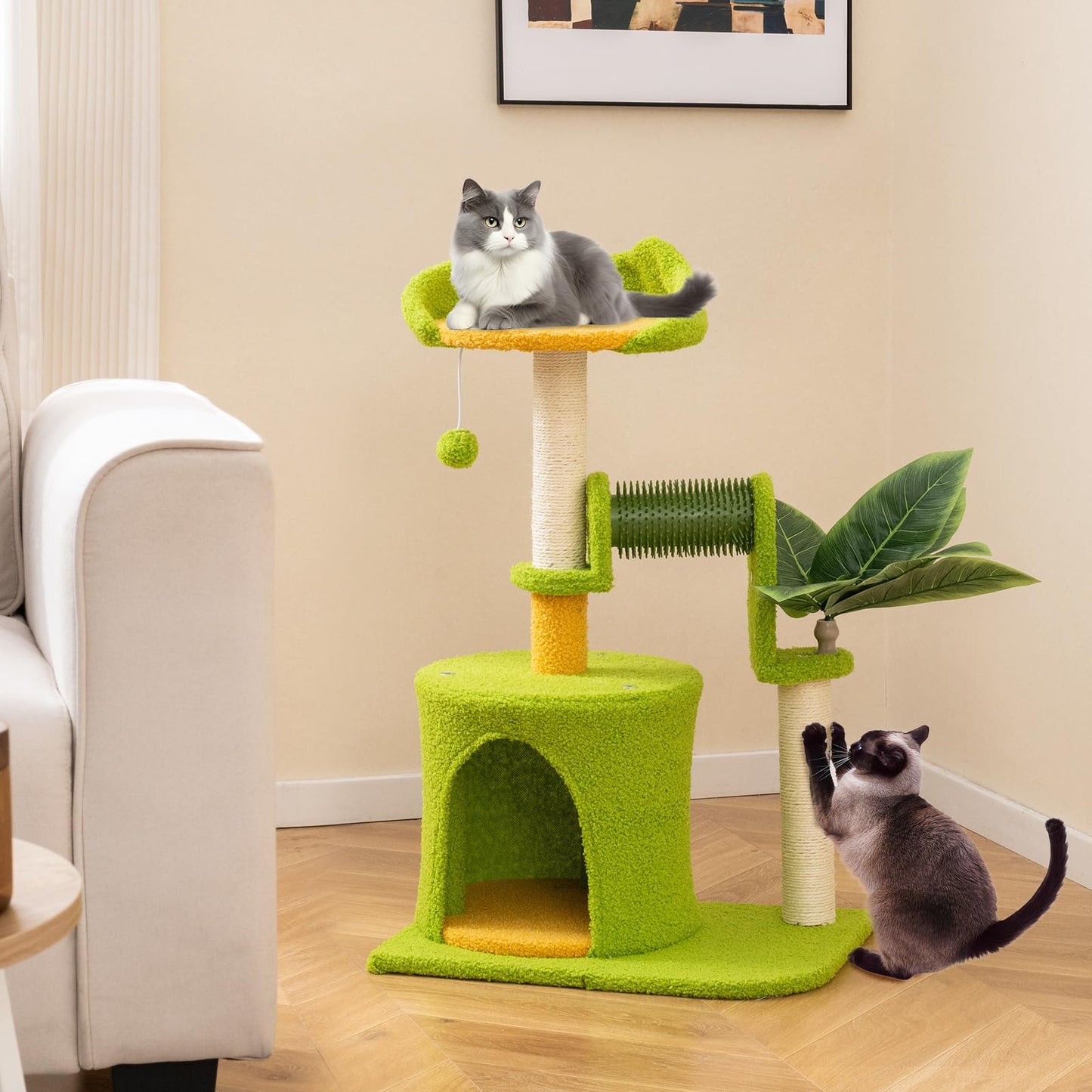Arbre à chat Tangkula Palm de petite taille avec perchoir supérieur, condo et feuilles vertes pour chats d'intérieur