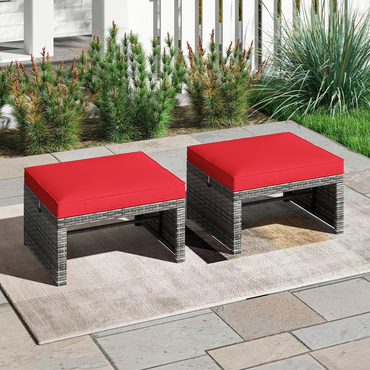 Tangkula 2 Pieces Patio PE Rattan Ottomans