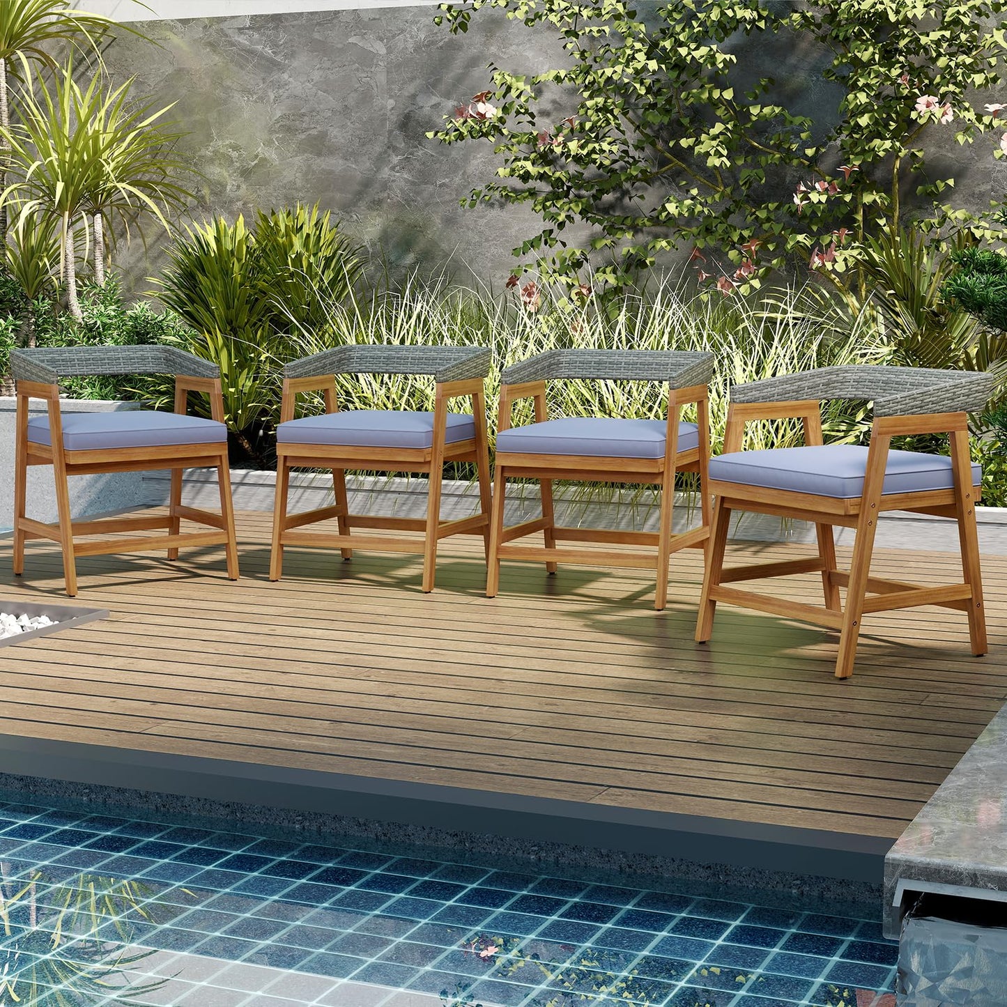 Tangkula Outdoor Acacia Wood Patio Wicker Dining Chairs Set of 4 with Seat Cushion