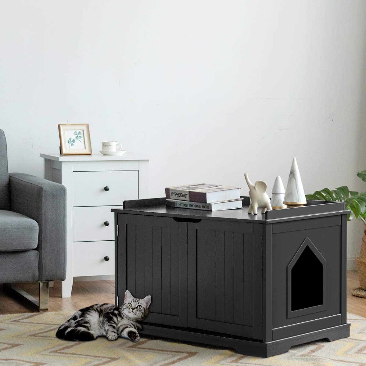 Tangkula Litter Box Enclosure, Cat Litter Box Furniture Hidden, Nightstand Pet House with Double Doors