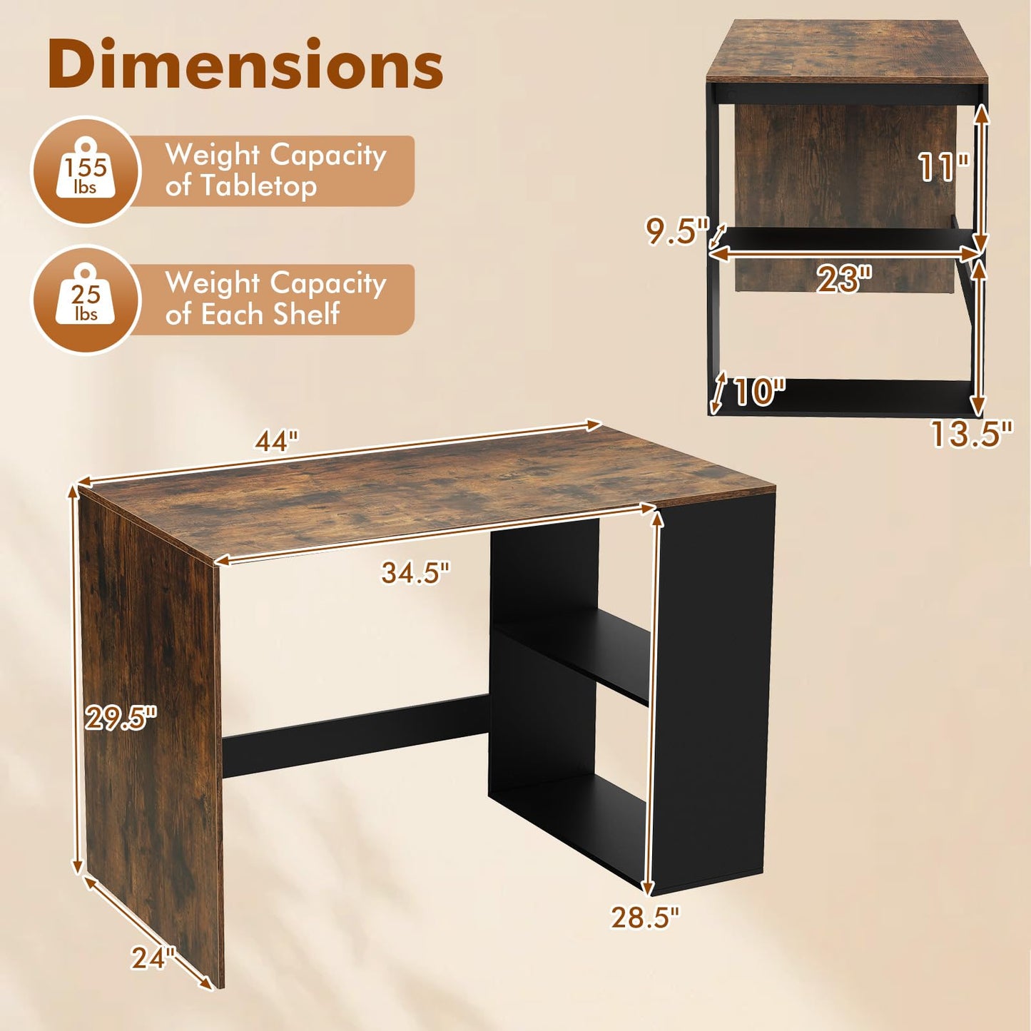 Tangkula Bureau d'ordinateur 112 cm pour domicile/bureau avec étagère à 2 niveaux en bois