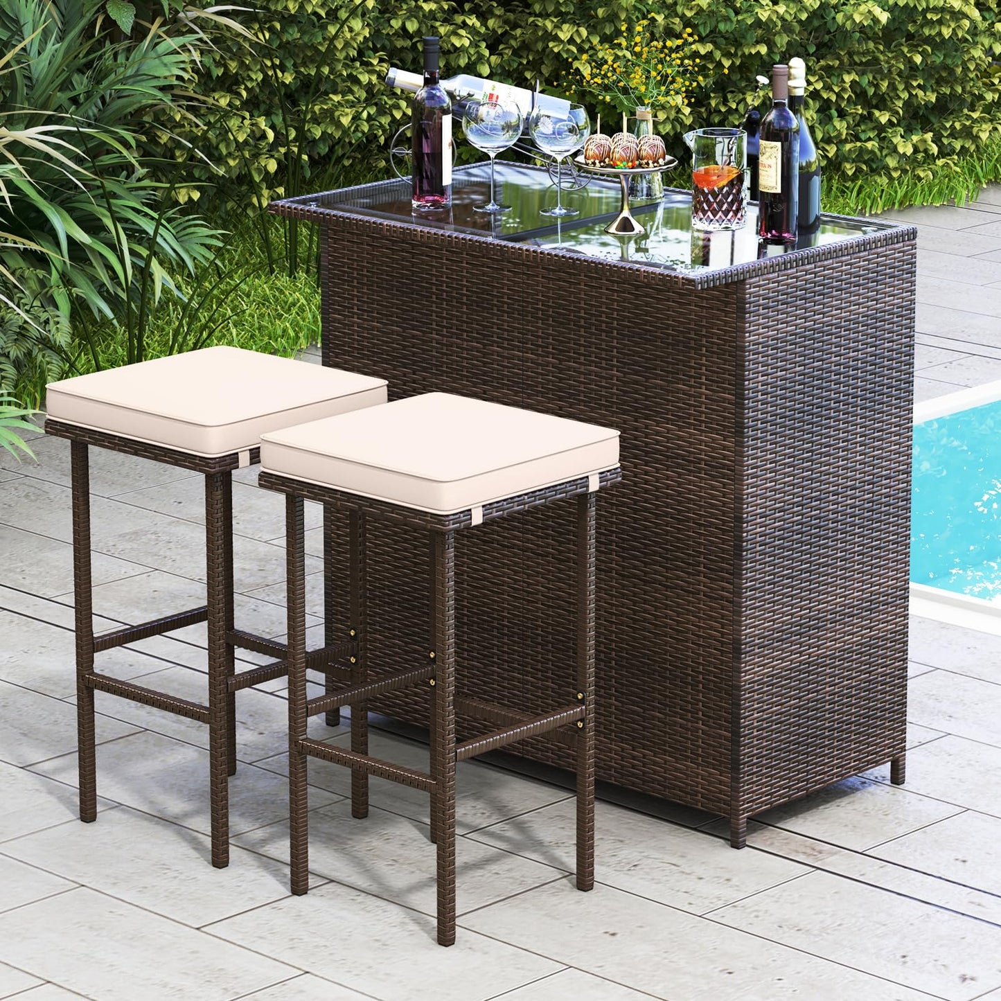 Tangkula 3 Pcs Patio Bar Set, Outdoor Rattan Bar Table and 2 Stools with Tempered Glass Tabletop, 2-Tier Storage