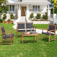 Tangkula 4 Pieces Patio Rattan Conversation Set with Acacia Wood Frame, Patiojoy Outdoor Furniture Set with Chairs & Coffee Table