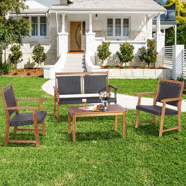 Tangkula 4 Pieces Patio Rattan Conversation Set with Acacia Wood Frame, Patiojoy Outdoor Furniture Set with Chairs & Coffee Table