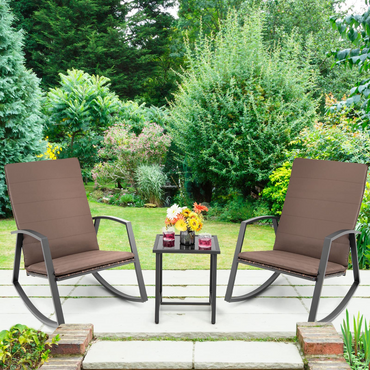 Tangkula 3 Pieces Patio Rocking Bistro Set, PE Rattan Rocking Chairs with Tempered Glass Side Table