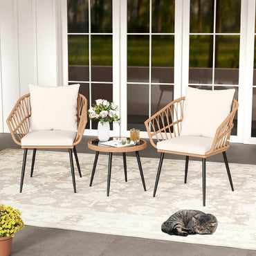 Tangkula 3 Piece Patio PE Rattan Conversation Chairs with Round Glass Table