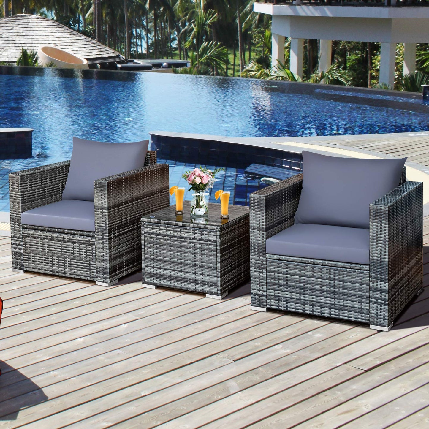 3 Pieces Patio Furniture Set, PE Rattan Wicker Sofa Set w/Washable Cushion and Tempered Glass Tabletop