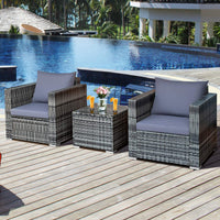 3 Pieces Patio Furniture Set, PE Rattan Wicker Sofa Set w/Washable Cushion and Tempered Glass Tabletop