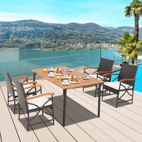 Tangkula Ensemble de salle à manger d'extérieur 5 pièces avec table en bois d'acacia et 4 chaises en rotin tressé avec accoudoirs