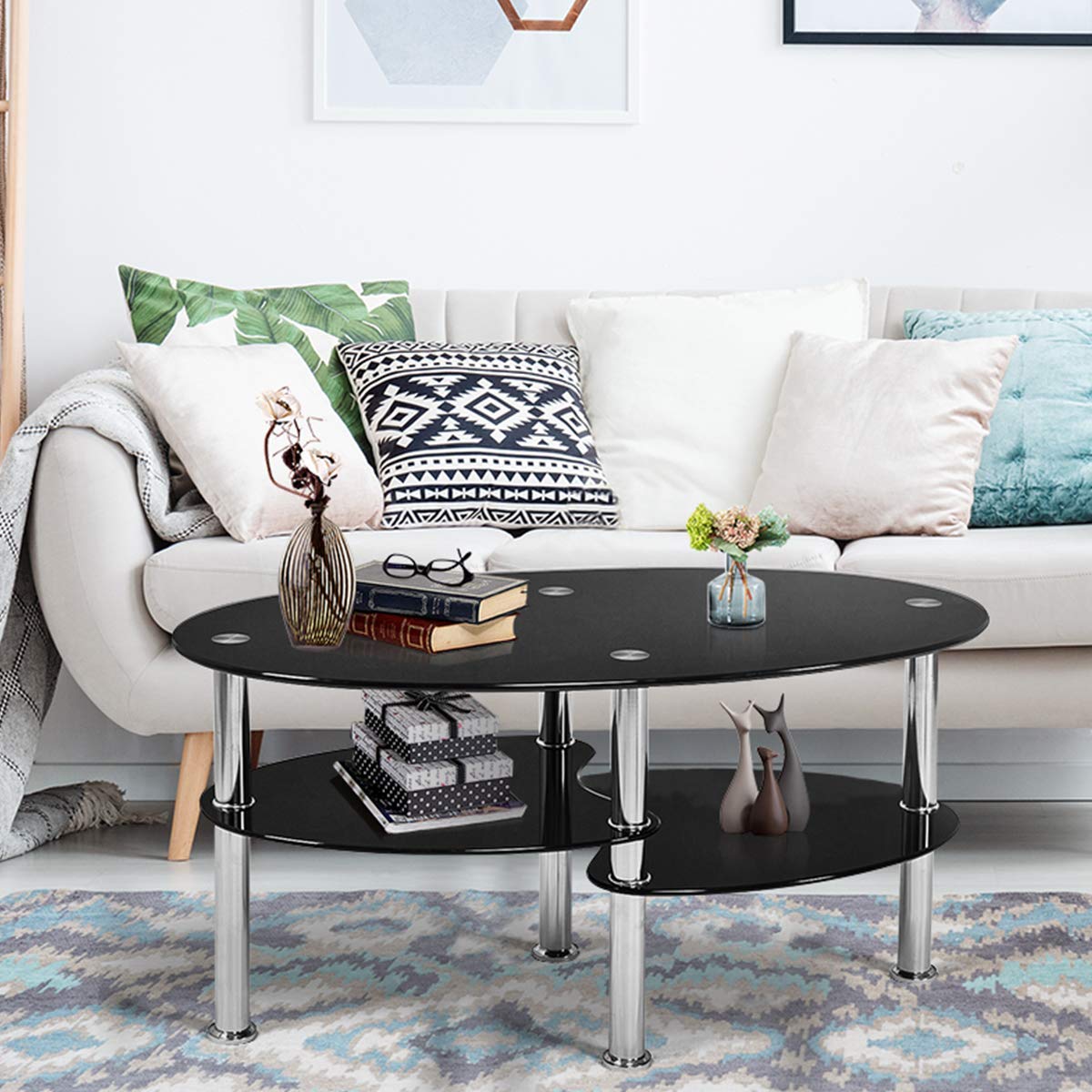 Tangkula Glass Coffee Table with 2 Tier Tempered Glass Boards