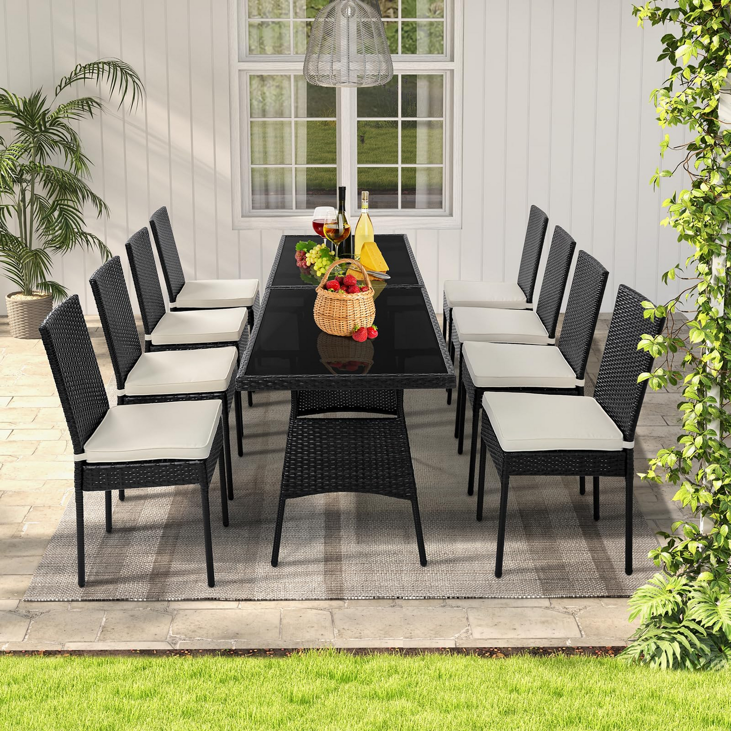 Tangkula 10 Pieces Wicker Patio Dining Set, Outdoor Rattan Table & Chairs Set with Padded Cushions
