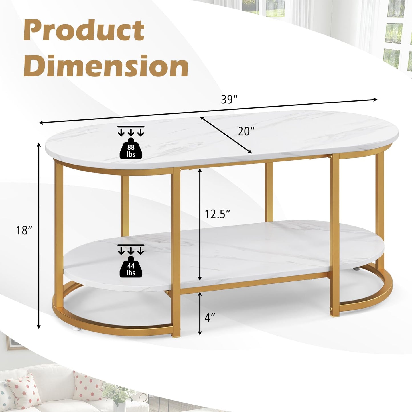 Tangkula Table basse moderne, table centrale ovale de 99 cm avec plateau en faux marbre blanc et cadre en métal doré (moderne, blanc, 99 cm)