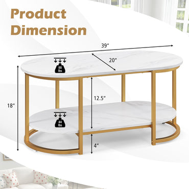 Tangkula Table basse moderne, table centrale ovale de 99 cm avec plateau en faux marbre blanc et cadre en métal doré (moderne, blanc, 99 cm)