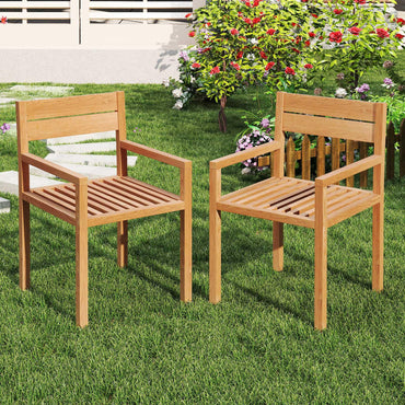 Tangkula Outdoor Teak Wood Chair Patio Dining Armchair w/Slatted Seat & Backrest