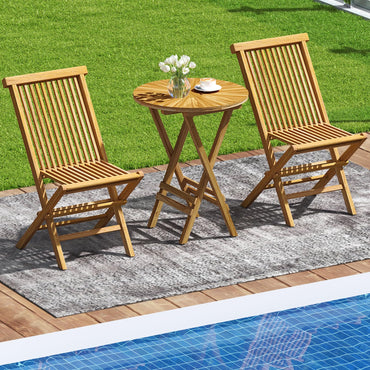 Ensemble bistro de terrasse pliable Tangkula 3 pièces, table ronde à lattes et chaises à dossier haut en bois de teck