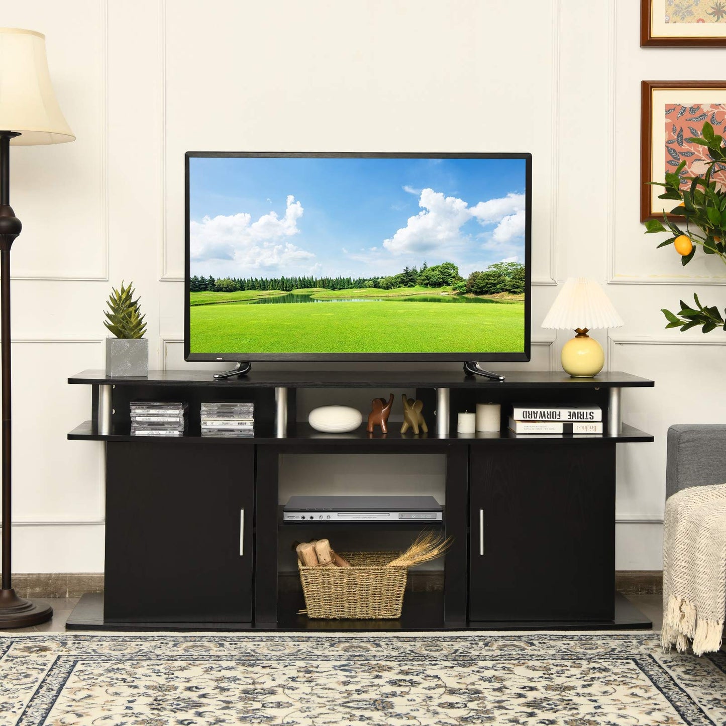Modern TV Stand for TVs up to 70 Inches, Living Room Console Table w/2 Cabinets & Open Shelves